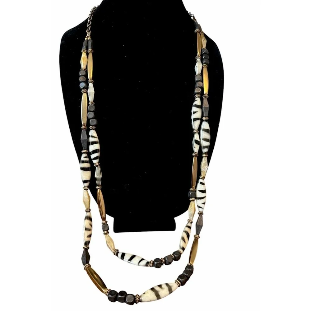 Chico's Zebra Print Beaded Multi Strand Statement Necklace Gold Tone Boho Safari